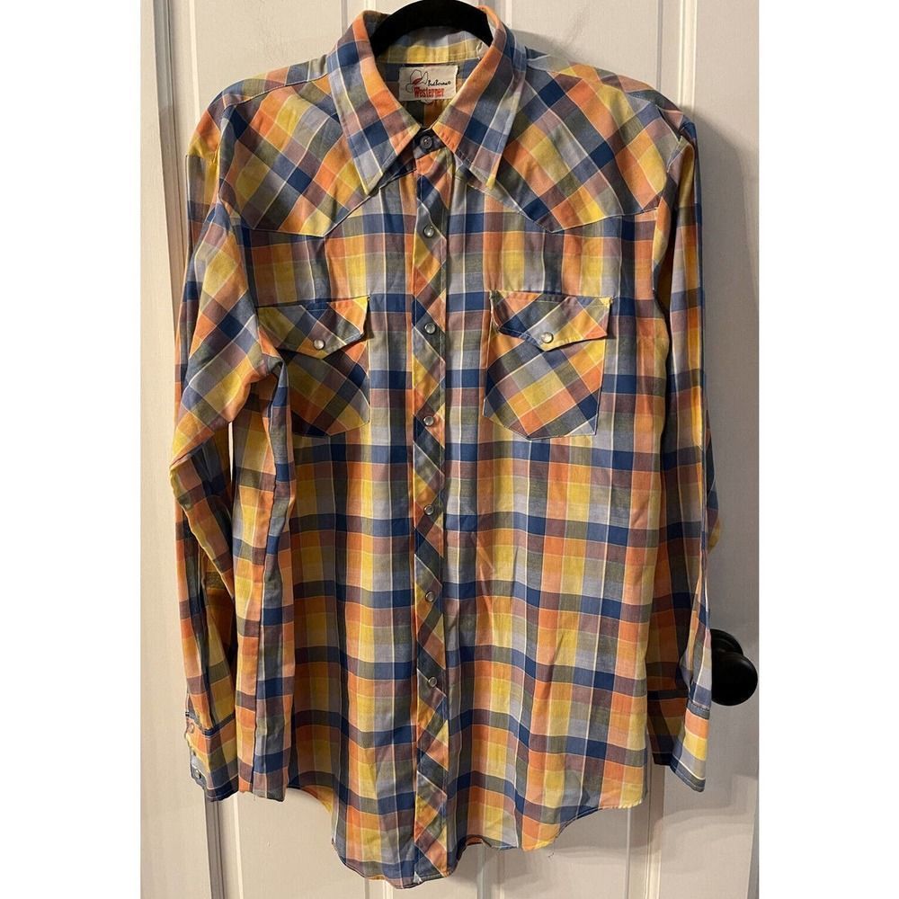 Bud Burma Westerner Mens Plaid Shirt Size Large Pearl Snap Buttons Vintage
